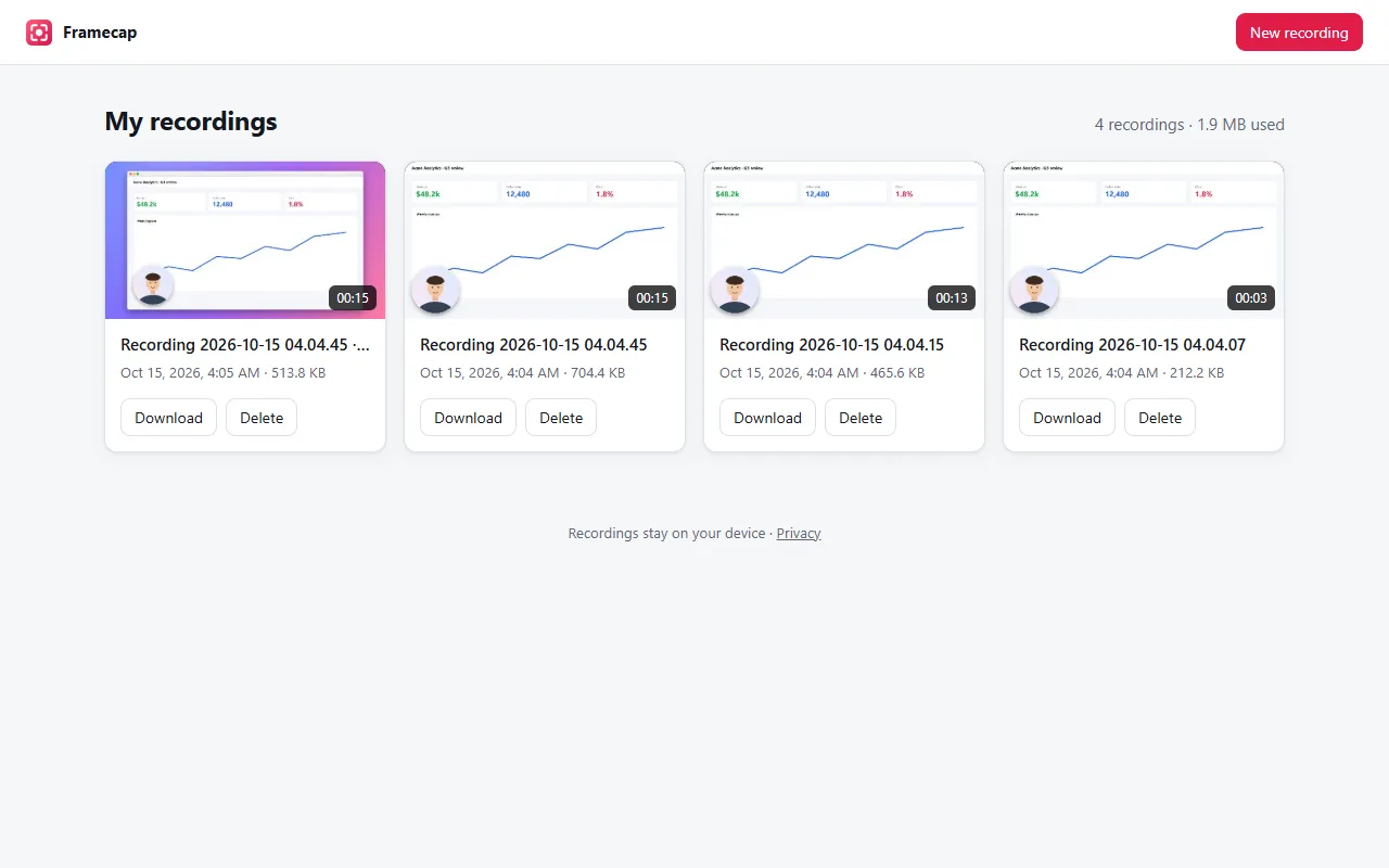 Framecap’s My recordings page with thumbnails, durations and Download buttons
