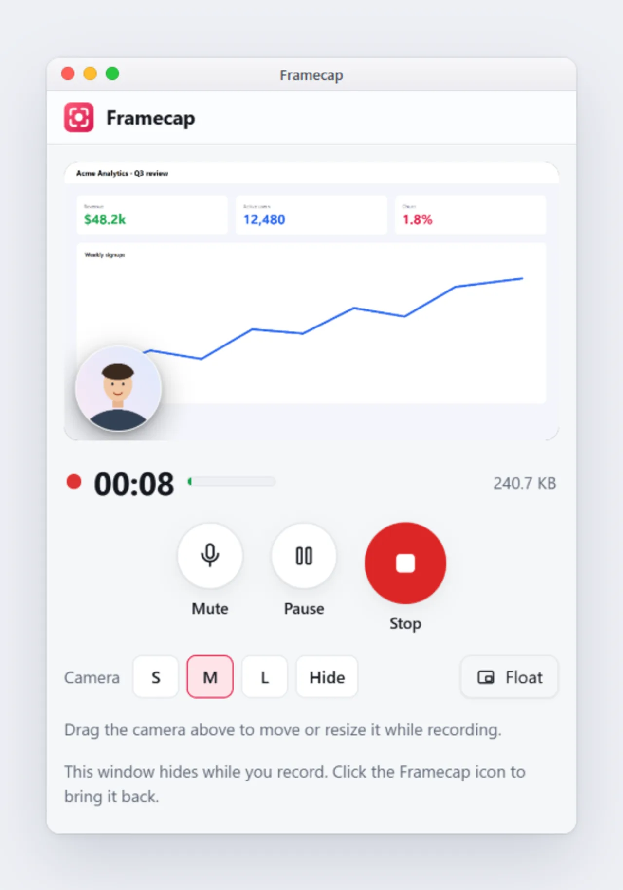 Recording in progress with a timer and Mute, Pause and Stop buttons
