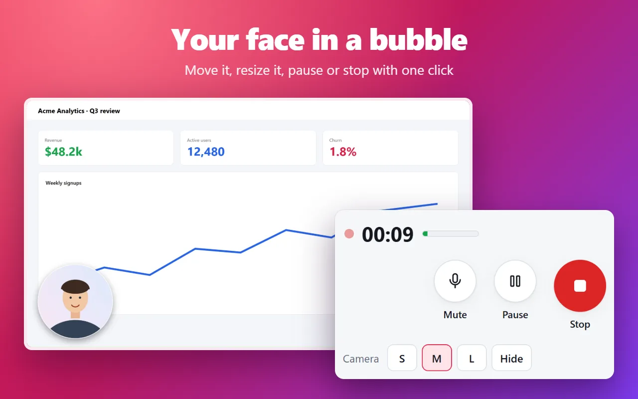 Recording in progress with Mute, Pause and Stop buttons and webcam size controls