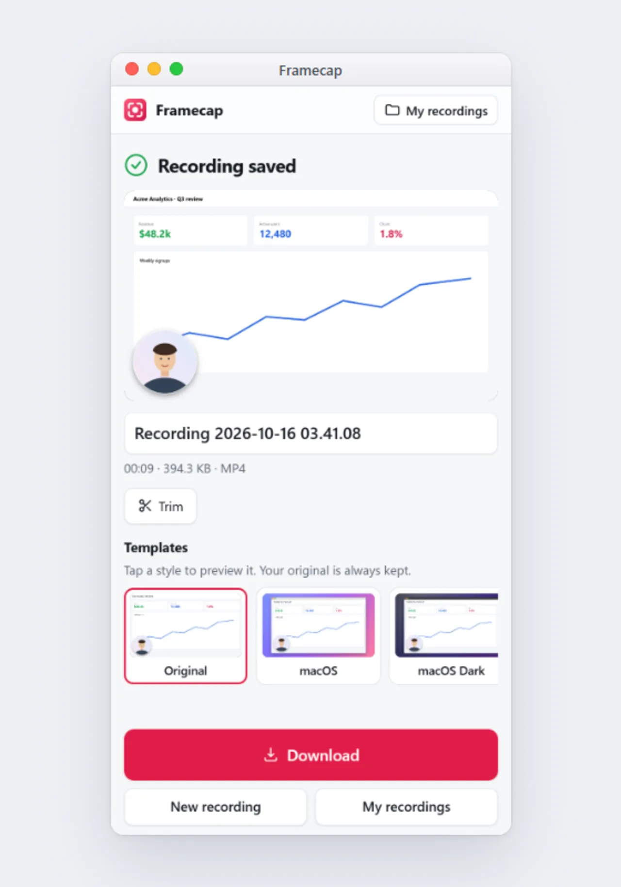 Recording saved, with templates and a Download button