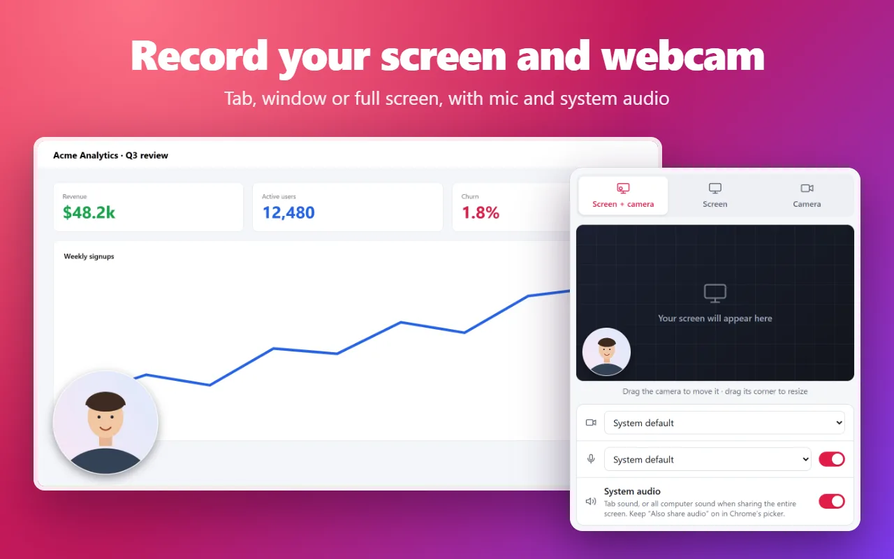 Framecap window with Screen + camera selected and a live webcam preview in a round bubble